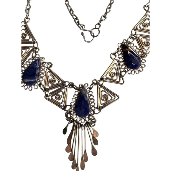 Vintage Silver Necklace Blue Lapis Lazuli Teardrops Intricate Triangle Design 18 - Picture 2 of 6